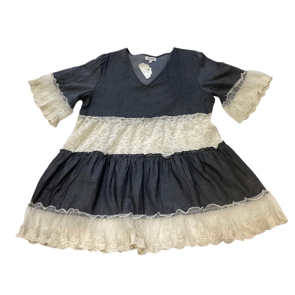 Velzera Charcoal Grey & White Tiered Lace Trim V-Neck Mini Dress size 1XL - Picture 3 of 6